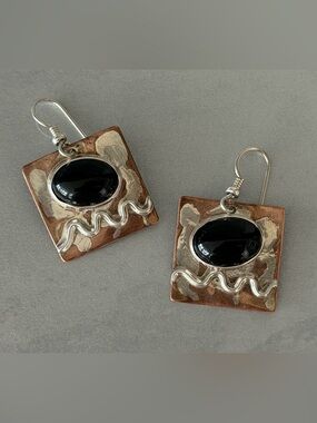 Cute One-Of-A-Kind Handcrafted Copper and Silver Earrings, Large Onyx Stone